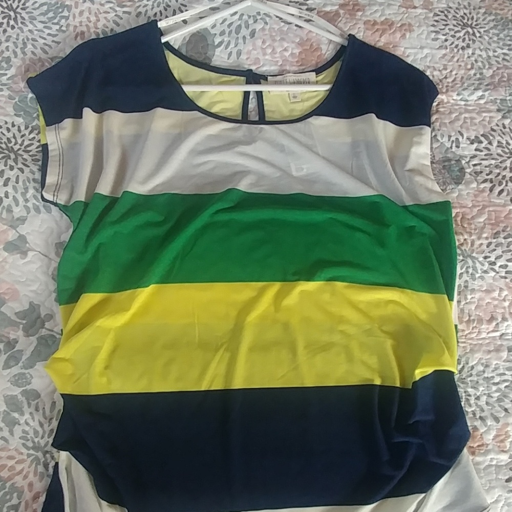 Navy blue, white, yellow striped top